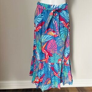 Talbots Voile Maxi Skirt Tropical Leaves Parrot‎ Blue Cotton Hawaiian Beach PL